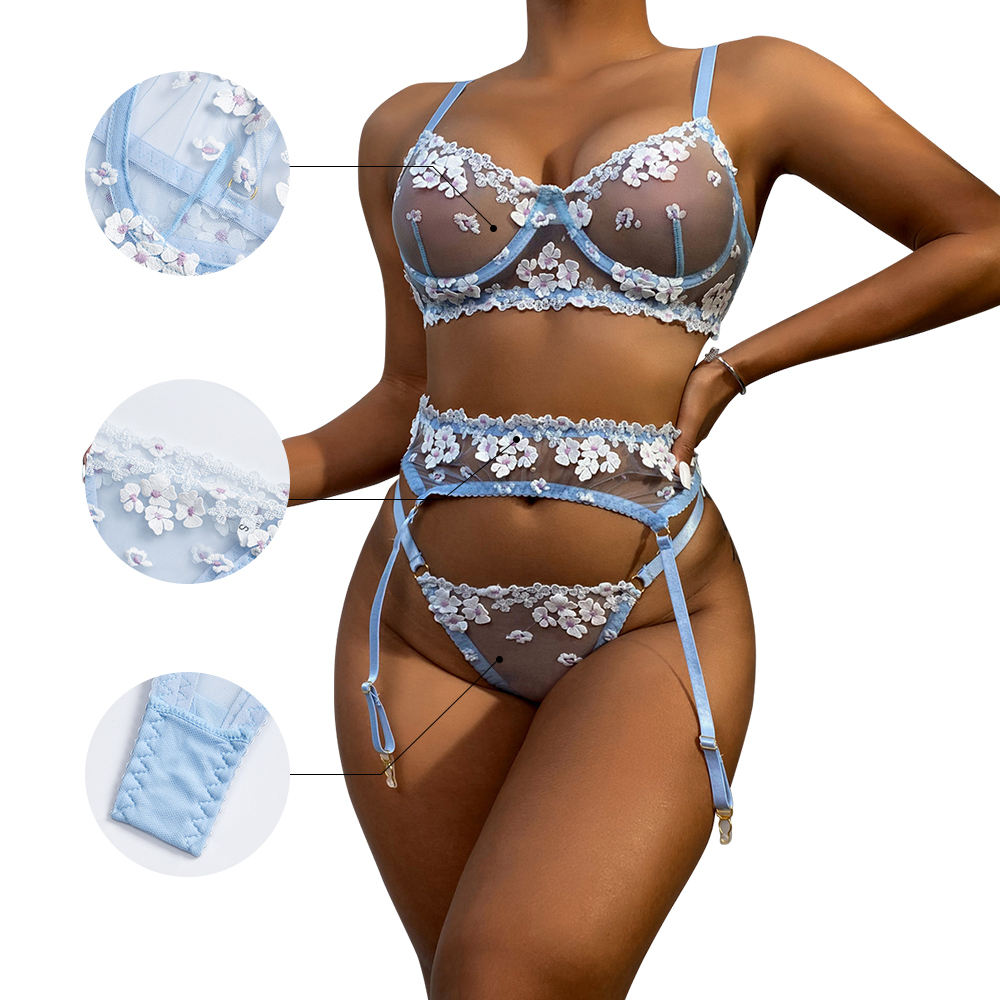 2022 Bulk Buy Three Piece Woman Sexy Lace Mesh Push up Bra Floral Embroidered See-Through Lingerie Sets With Garter Belts