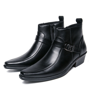 2026 Spring & Autumn New British Style Men's High-<b>Top</b> Leather Shoes Pointed Toe Slip-On Frosted Zipper Fashion Trendy Shoes - Product Image 3