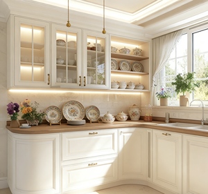 ארון מטבח מעץ מלא בסגנון שייקר בהתאמה אישית |   עיצוב לבן + דלת זכוכית |   אחסון מואר לד עם חומרה מוזהבת - Product Image 4