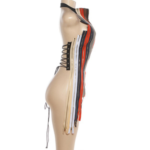 ViViblook Z0121TP01 Summer New Street Colorful <b>Stripe</b> Halter Tie Multiple Zip Bandage Backless Irregular <b>Tank</b> <b>Top</b> for Women - Product Image 5