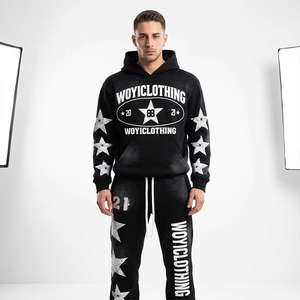 Wholesale Custom Solid Acid Wash Breathable Sweatsuits Men Distressed Embroidery Hoodie Sweatpants <b>Sets</b> Screen Printing - Product Image 2