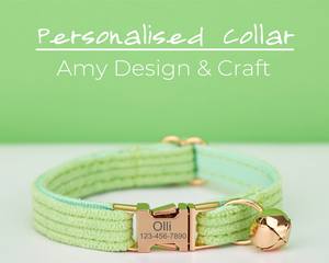 ปลอกคอแมวผ้าลูกฟูกสีเขียวอ่อนทำมือพร้อมป้ายชื่อส่วนตัวและกระดิ่งทอง สายจูง ของขวัญสุดเพอร์เฟคสำหรับสัตว์เลี้ยง - Product Image 2