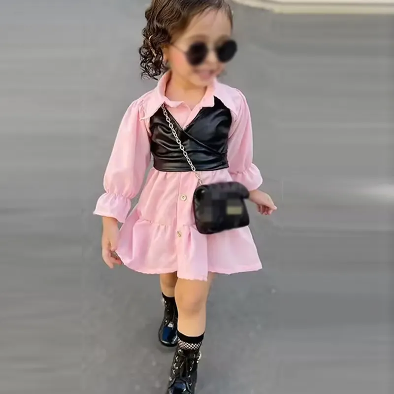 All'ingrosso abbigliamento estivo per bambini 1-6 anni abiti da bambina rosa in cotone a maniche lunghe + gilet in pelle sintetica vestiti da bambino