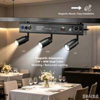 Projecteur LED COB 30W (3*10W) WW+CW 2-en-1 avec zoom manuel et télécommande sans fil pour hôtels, restaurants, banquets, mariages et événements