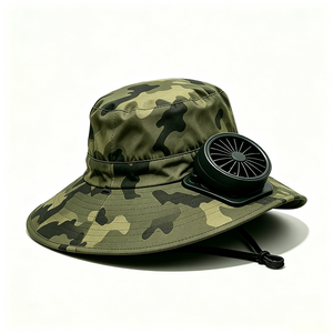 Unisex Camo Wide Brim Bucket <b>Hat</b> Dual <b>Cooling</b> Fans UPF50+ UV Protection Outdoor Fishing Hiking Windproof Chin Strap <b>Hat</b> - Product Image 3