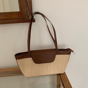 Sac fourre-tout en paille tressée style français marron été 2025 pour femme, sac à bandoulière décontracté pour usage quotidien avec poche zippée - Product Image 4