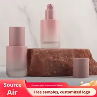 Flacon pompe en verre dégradé rose 30 ml pour lotion, fond de teint, emballage cosmétique, sous-embouteillage, sérigraphie mousse