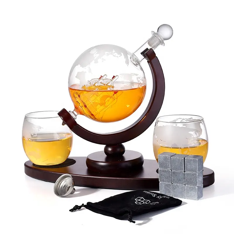 Decantador de whisky Globo, juego de decantador con bandeja de madera, botellas de vidrio, 850ml