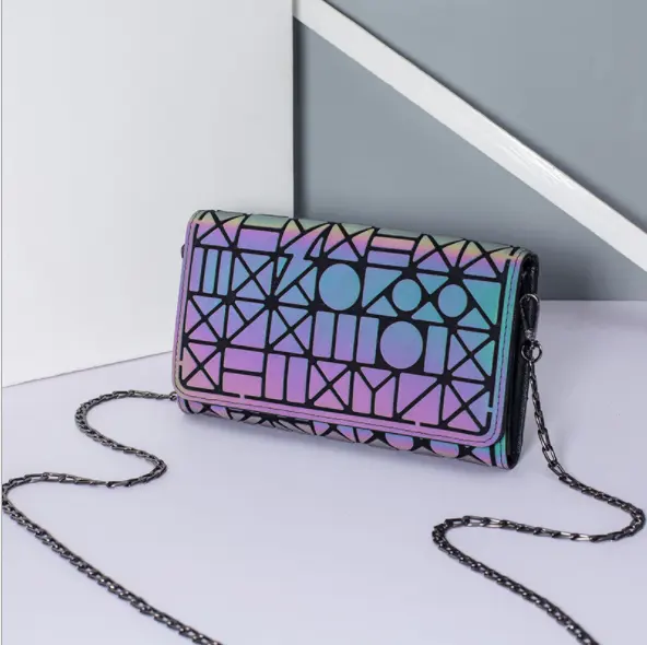 newest hi-viz reflective luxury geometrical patchwork handbags single side shoulder chains strap bags for ladies female college