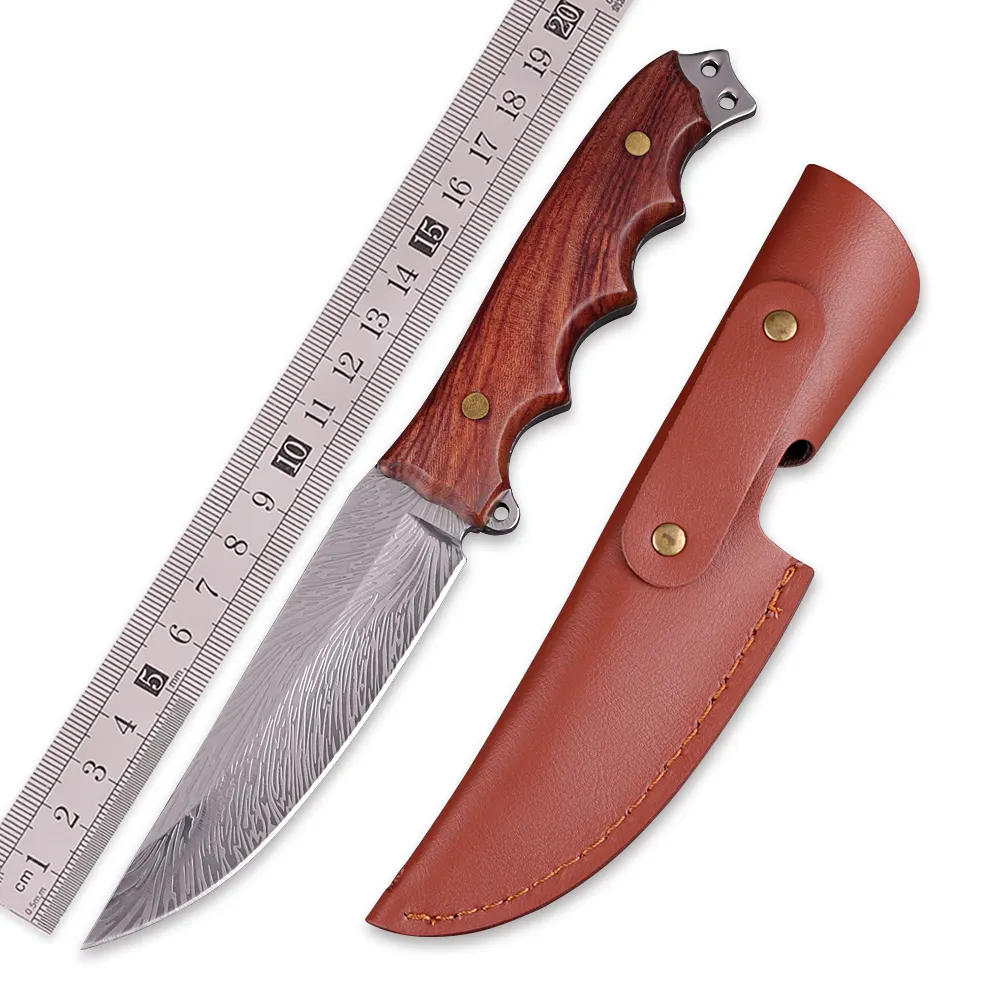 Acid Branch Wood Handle Damascus Pattern Hunting Knife Fixed Blade Camping Tactical Survival Knife