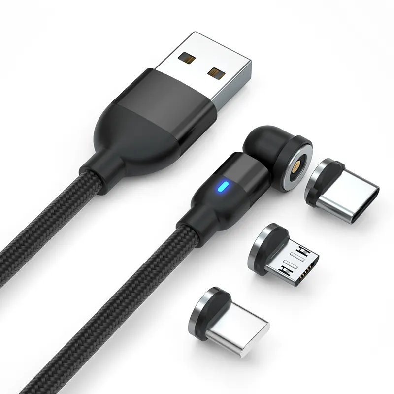 Carregador 540 graus USB nylon trançado universal usb Cabo de carregamento 3 em 1 tipo c Micro Android cabo magnético cabos de carregamento