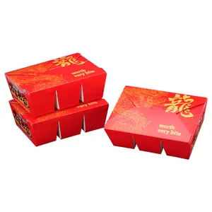 Caixa de comida para viagem com 3 compartimentos, estilo ano novo chinês à prova de óleo, papel para fritar batatas fritas e frango frito, por atacado