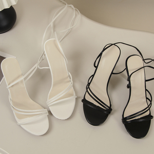 High-Heeled Women's Summer Lace up Solid Color Peep-Toe Thin Heels Elegance Plus-Size Round Head Sandals - Product Image 3