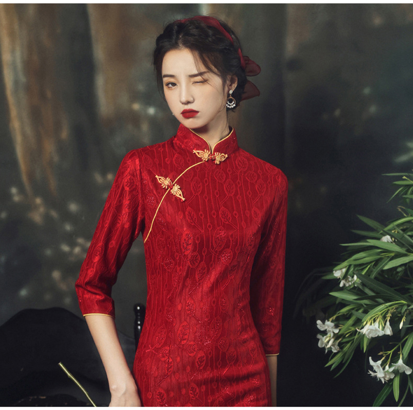 2025 Qipao Long Sleeve Luxury Wedding Red Dresses for Women