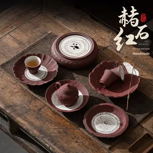 Ocher Red Coarse Pottery Tea Tray Small Household Tea Set with Water Storage Table and Teapot Mat Tea Table - Product Image 2