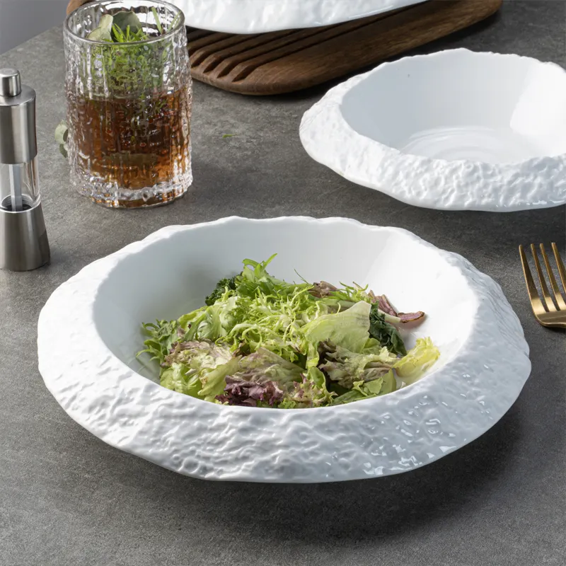 YAYU vintage style porcelain stone shape white catering soup salad deep dish shallow bowl ceramic japanese plates