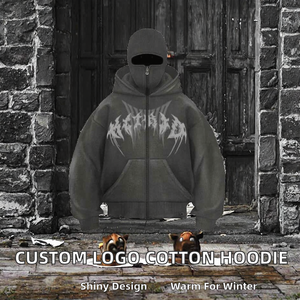 Sweat à capuche balaclava avec logo personnalisé, streetwear lourd, sweat à capuche 100% coton avec strass pour l'hiver - Product Image 2