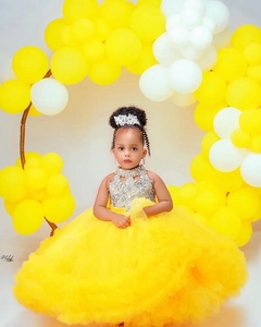 Abiti da compleanno gialli per bambine, personalizzati con collo alto e perline, per damigelle d'onore, feste di matrimonio e balli di fine anno - Product Image 2