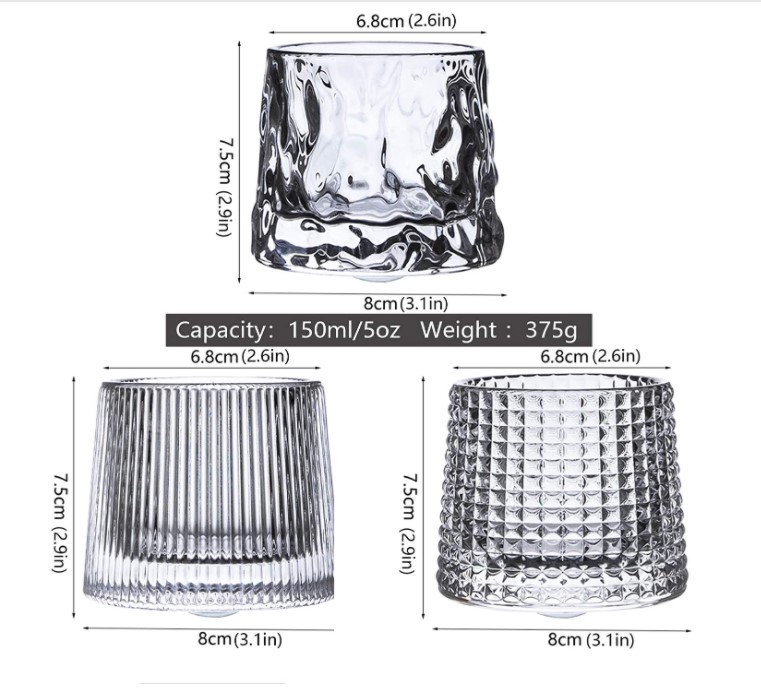 Spherical Bottom Rotatable Crystal Whiskey Glasses 5oz 3 PCS , for Drinking Whisky, Cocktails, Cognac (Strip/ Lattice/ Irregular