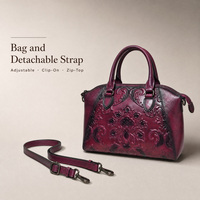 Sac à main vintage pour femme, finition antique brûlée à la main, motif floral en relief, fermeture éclair, intérieur doublé, bandoulière amovible