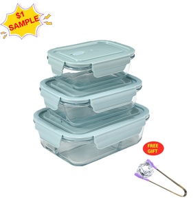 Air tight Borosilicate Insulated baby Glass Clear Square Blue Kitchen Rice Eco Food Storage Container Set Bento Lunch Box