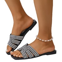 Sandales plates tendance pour femmes avec strass, à enfiler, bout carré, légères, pour l'extérieur et la plage, vente en gros