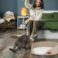 Lit pour chat en feutre beige avec coussin blanc doux, maison de couchage semi-fermée ronde pour animaux de compagnie avec bord incurvé pour chats d'intérieur, utilisation domestique