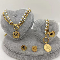 Ensemble de bijoux pour femme avec pendentif Queen Elizabeth II, en acier inoxydable vintage, double couche, perles, boucles d'oreilles, bague, collier et bracelet
