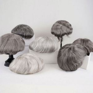 Super dünne handgemachte indische Haar perücke für Herren Weiches Toupee mit grauem PU-Haars ystem Natürliche Kapillar prothese - Product Image 4