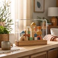Kotak Pajangan Akrilik Transparan dengan Alas Kayu, Dekorasi Meja Blok Bangunan Geometris, Kotak Pajangan Modern untuk Rumah, Hadiah untuk Kamar Anak