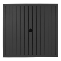 Tables et chaises de café-restaurant toutes saisons avec trou pour parasol, en aluminium noir, à lattes, pour extérieur, tables carrées