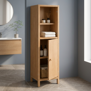 Modern Teak <b>Wood</b> <b>Bathroom</b> Linen Tower with 2 Open Shelves and 1 Door - Product Image 1