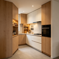 Meubles de cuisine haut de gamme, modernes, luxueux, bicolores, imitation bois, pour villas, appartements et projets de décoration intérieure.
