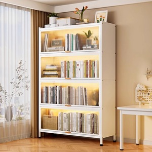 Three Arrows Steel <b>Bookcase</b> 4-Tier Narrow Storage Cabinet with Doors Dustproof Shelf for <b>Living</b> <b>Room</b> - Product Image 1