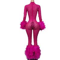 Sexy Rhinestone Plumes Bodycon Barboteuses Plus Size Singer Dancer Bodys Stripper Festival Vêtements Femmes Club Party Jumpsuits