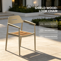 Chaise de salle à manger d'extérieur avec structure en aluminium, revêtement poudré couleur champagne, assise imitation bois, résistante aux intempéries, pour patio, jardin, balcon