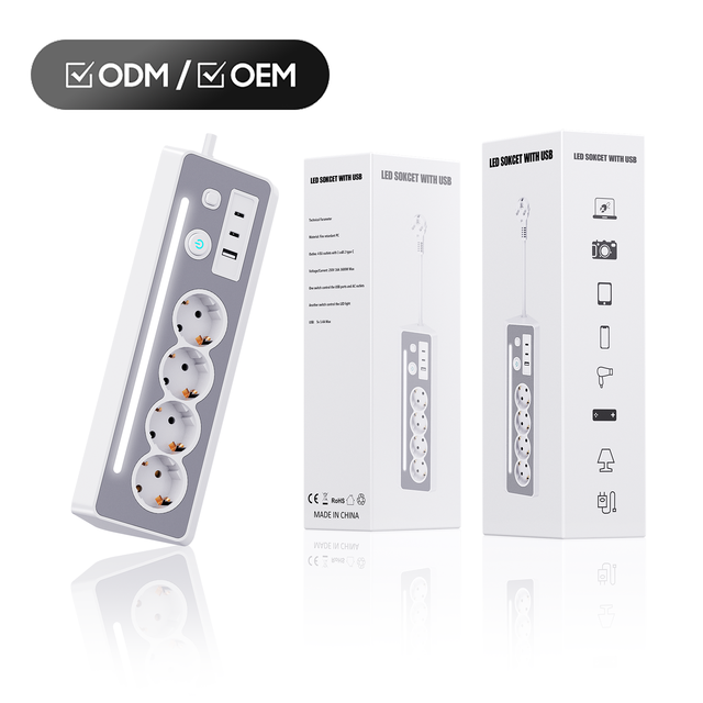 Hot Sales Smart Home Power Plug LED Socket Quick Charge 4 AC Outlets 16A Rated 1.4m Extension Cord for EU Compatible