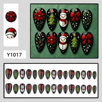 Faux ongles rétro de Noël à pression avec motifs bonhomme de neige, nœud, sapin de Noël et fleurs rouges - Matériau ABS, forme amande - Vente en gros