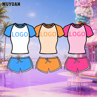 Vêtements tendance pour femmes 2026 – Ensemble décontracté 2 pièces color block avec haut raglan et short à cordon de serrage, logo personnalisé, coton élasthanne