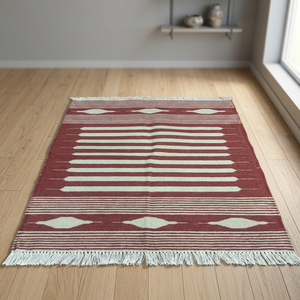 Alfombra Bohemia a Rayas de Lana Acrílica, Rectangular, Roja y Blanca, con Flecos, Tejido Plano, Decoración para Sala de Estar - Product Image 2