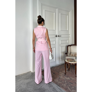 Conjunto de Pantalones y Chaleco con Detalles de Ribete Rosa y Cinturón para Mujer, Talla S - Product Image 1
