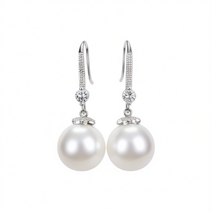 Orecchini Pendenti con Perle Akoya in Argento 925 Placcato Rodio, Perle Coltivate AAA Bianche Rotonde, Gioielli Classici da Sposa per Donna - Product Image 1