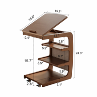 Table d'appoint en bois massif à 4 niveaux en forme de C avec 2 roulettes verrouillables et sac de rangement, mobilier de salon moderne du milieu du siècle BJ014