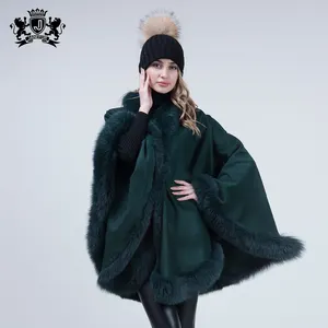 Janefur Factory Wholesale Women Luxury Fashion Pashmina Winter Warm Cashmere Raccoon Fur Trim Cape