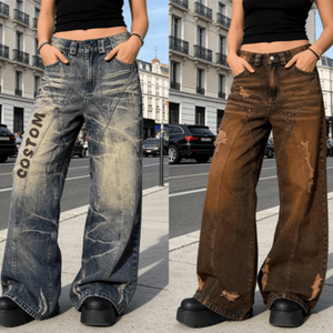 กางเกงยีนส์ทรงหลวมแนววินเทจสำหรับผู้ชาย100% สำหรับผ้ายีนส์ดิบสีน้ำตาลโคลนสกปรกซักได้เรียบมีกระดุมตกแต่งมีซิปปิด - Product Image 3
