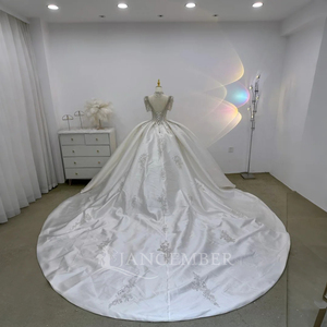 Vestido de Novia de Satén con Bordado Cuadrado y Pedrería, con Accesorios para el Cuello, Vestido Noiva Lsjj18 - Product Image 3