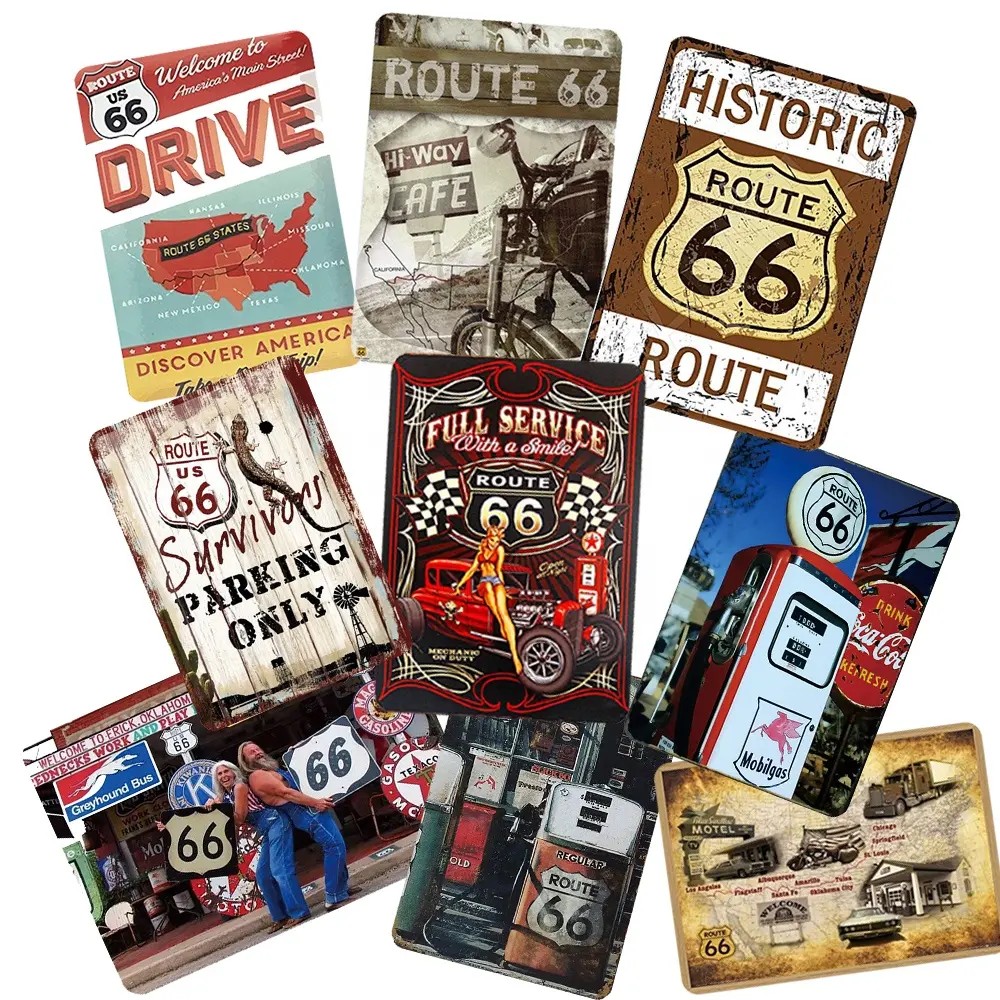 Vintage Route 66 Metal Tin Signs Retro Man Cave Garage Plaque Vintage Metal Posters Retro Tin Sign for Home Kitchen Bar Coffee S