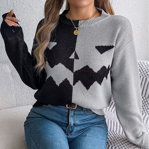 <strong>Women's</strong> Thin Crocheted Pullover with Custom LOGO <strong>Halloween</strong> Jacquard Patchwork Pattern Casual Winter Crew Neck <strong>Jumper</strong> - Product Image 2