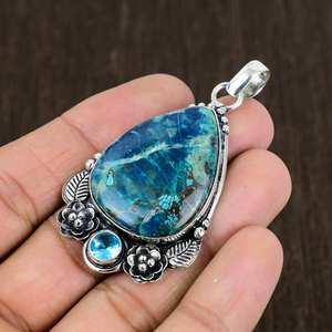 Pendentif en argent sterling 925 massif fait à la main avec pierre précieuse chrysocolle, design floral, plaqué rhodium de haute qualité, personnalisable - Product Image 5