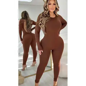 Autumn and Winter Women's New Fashion Solid Color High Waist Tight Sports Fitness Jumpsuit